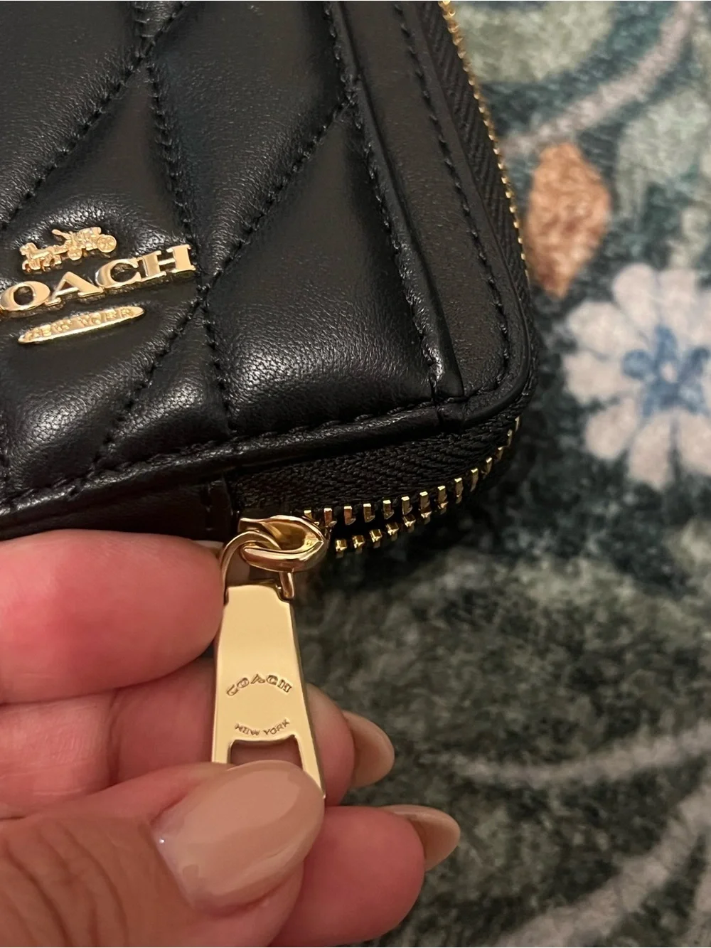 Coach Black Quilted Leather Card Holder with Gold Chain